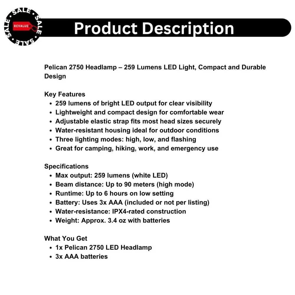Pelican 2750 Headlamp – 259 Lumens LED Light, Compact and Durable‎ Design